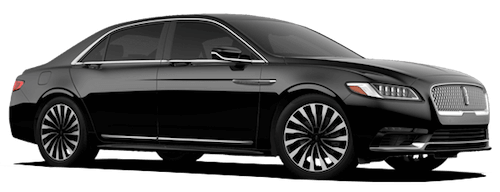 A sleek black luxury sedan parked on a white background.