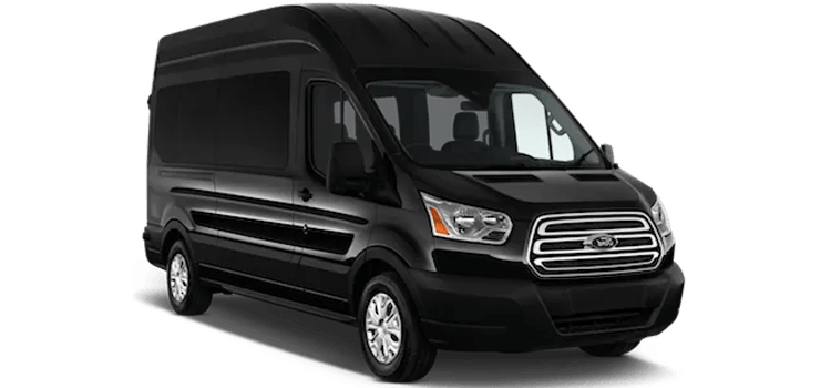 Black Ford Transit van with tinted windows, viewed from the front right side, on a transparent background.